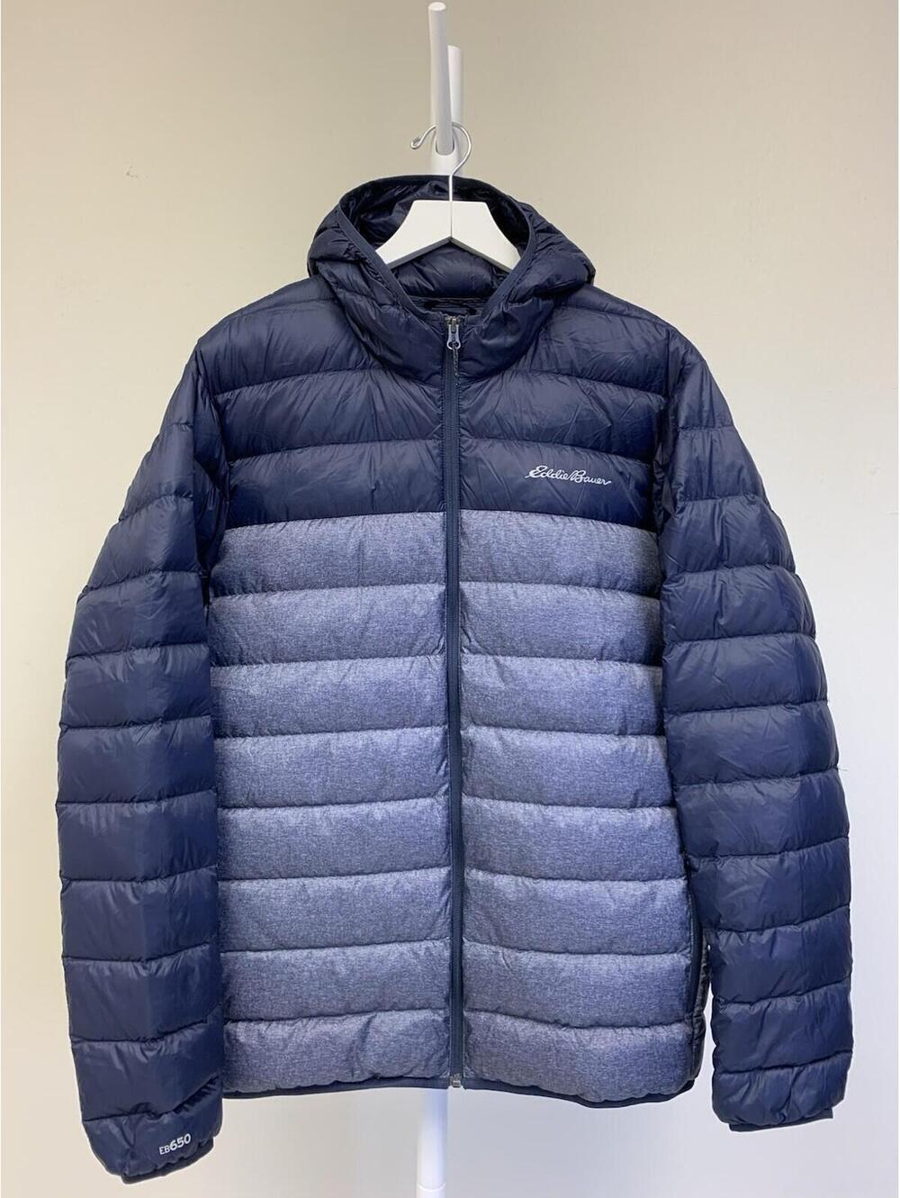 Eddie Bauer Mens XL Puffer Down Jacket Hooded Blue Navy